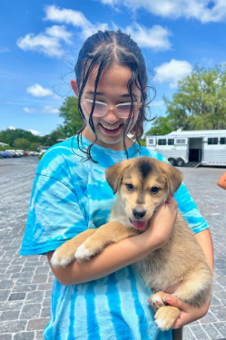 Youth volunteer holding a happy puppy